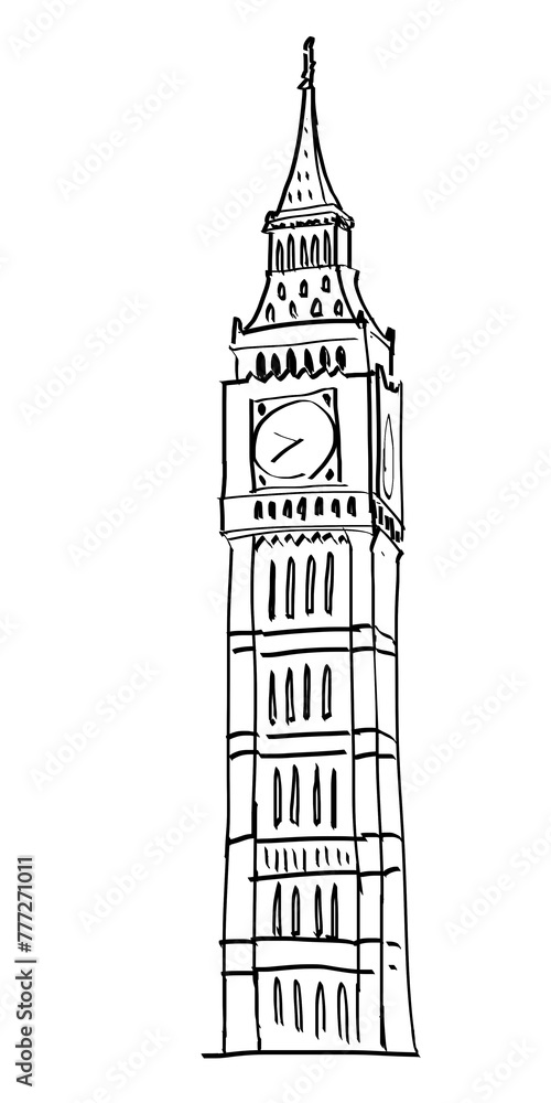 Poster hand-drawn sketch of a stylized tower with clock on a white background, representing an illustrative