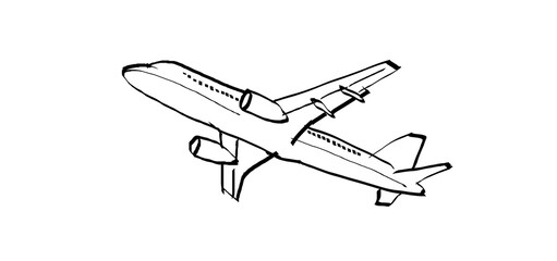 A hand-drawn black and white sketch of an airplane isolated on a white background, depicting a basic design concept