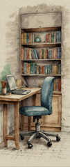 for advertisement and banner as Mindful Moments A tranquil office nook perfect for mindful breaks in watercolor. in watercolor office room theme ,Full depth of field, high quality ,include copy space 