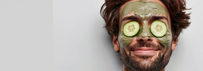 Copy space. Happy smiling Middle aged man with beard and facial mask holds cucumber slice on eye, studio background. Positive guy skin care wellness treatment routine. Spa, dermatology. Banner.