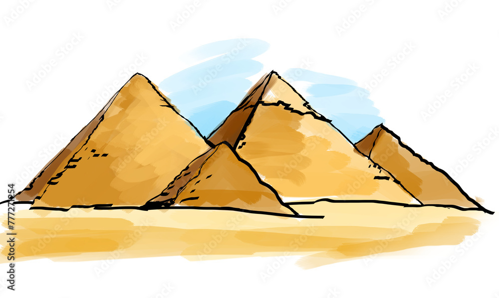 Poster A digital drawing of pyramids with a sketch-like style, set against a simple blue and white background, expressing the concept of ancient monuments