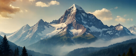 for advertisement and banner as Mountain Majesty Show the awe inspiring presence of towering peaks. in Global Business  theme ,Full depth of field, high quality ,include copy space on left, No noise, 
