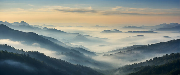 for advertisement and banner as Misty Mountains Evoking the mysterious allure of fog covered...