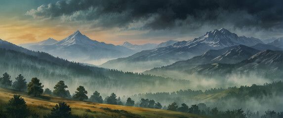 for advertisement and banner as Mountain Mist Misty mountains in watercolor evoke a sense of...