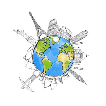 A colorful illustration of Earth with famous landmarks around it, displayed on a white background, depicting global travel