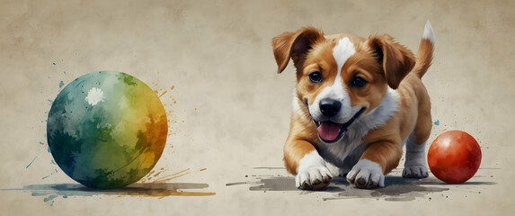 for advertisement and banner as Paws and Play A joyful pup playing with a watercolor ball. in watercolor pet theme theme ,Full depth of field, high quality ,include copy space on left, No noise, creat - obrazy, fototapety, plakaty