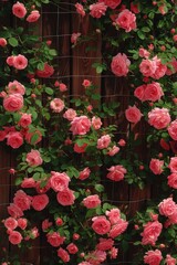 Fototapeta na wymiar The Enchanting Beauty of Climbing Roses Adorning a Garden Trellis in Full Spring Bloom