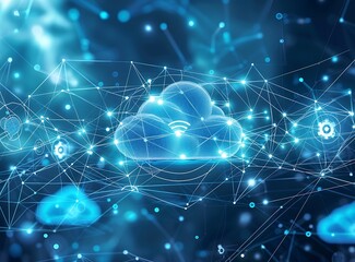Digital background featuring a cloud connection network with glowing elements, creating an abstract and futuristic tech backdrop for showcasing products or services