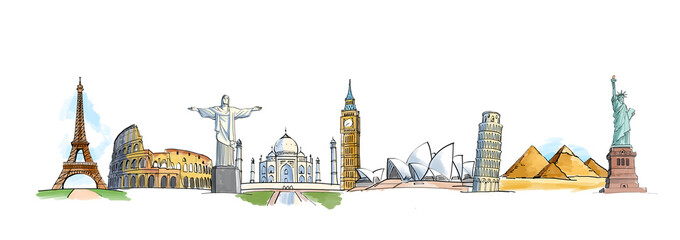 A hand-drawn collage of world landmarks, including the Eiffel Tower and Statue of Liberty, on a white background, representing travel © Who is Danny