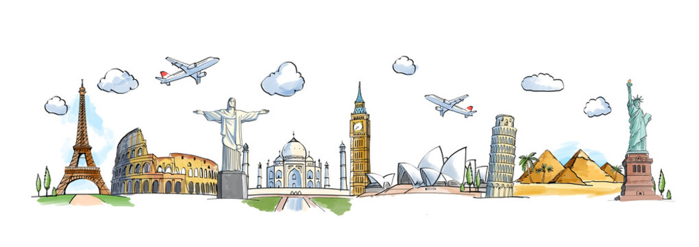 A hand-drawn collage featuring famous world landmarks and airplanes on a white background, conveying a travel theme