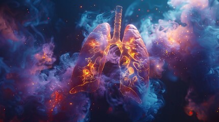 A cloud of colorful bacteria fly from left to right landing in a pair of lungs - obrazy, fototapety, plakaty