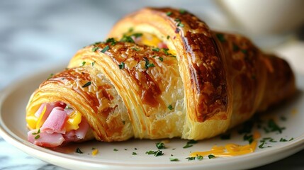 breakfast croissant, showcasing the textures of flaky pastry, ham, cheese, and a hint of herbs