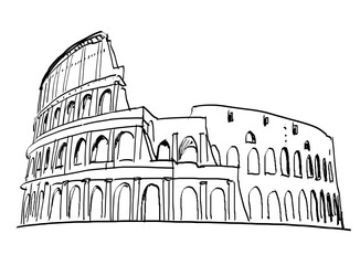 A hand-drawn sketch of an iconic ancient amphitheater on a white background, depicting the concept of historic architecture