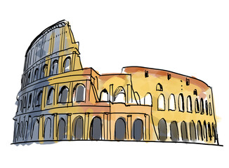 Digital drawing of the Colosseum on a white background, illustrated in a sketchy style, depicting the concept of historical architecture - obrazy, fototapety, plakaty