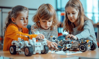 Cute children building robot together during engineering class at modern school