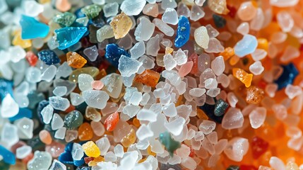 This in-depth view of vivid microplastics depicts how pervasive plastic waste is in our food chain and emerged in a portion of sea salt and space, Generative AI.
