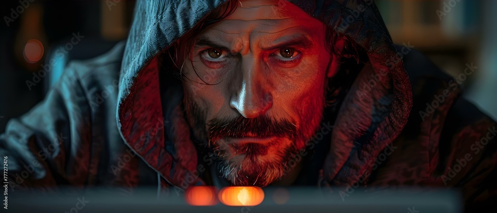 Poster cybersecurity expert in hoodie uses advanced hacking skills to prevent cyber attacks. concept cybers