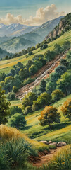 Naklejka na ściany i meble for advertisement and banner as Serene Valley Capture the essence of tranquility with a valley in soft watercolors. in watercolor landscape theme theme ,Full depth of field, high quality ,include copy