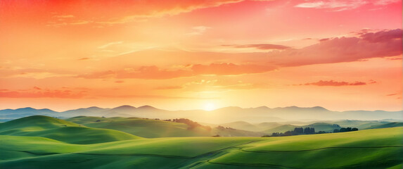 for advertisement and banner as Sunset Vista A sweeping watercolor vista of the sun setting over rolling hills. in watercolor landscape theme theme ,Full depth of field, high quality ,include copy spa
