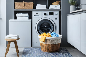 Basket with laundry on stool and washing machine in bathroom - obrazy, fototapety, plakaty