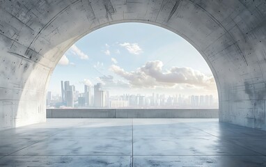 Empty concrete floor and arch with city background, concept of open space for product presentation