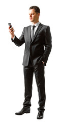 Obraz premium A man in a suit standing and looking at a smartphone on a white background, depicting a business communication concept