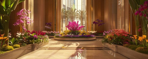 Fototapeta na wymiar Urban Oasis: Towering Skyscrapers Embrace Spring with Lobbies Full of Tulips and Lilies
