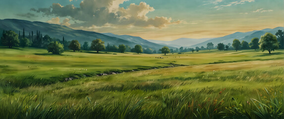 for advertisement and banner as Verdant Meadows Lush green meadows brought to life with vibrant watercolors. in watercolor landscape theme theme ,Full depth of field, high quality ,include copy space 