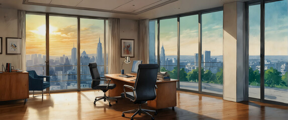 for advertisement and banner as Visionary Vista A watercolor panorama of an office with a view that inspires innovation. in watercolor office room theme ,Full depth of field, high quality ,include cop
