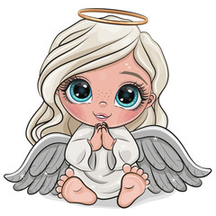 Cartoon Christmas angel is sitting on a white background
