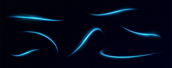 Neon lines of blue speed. Dynamic traces of light movement. Light wave of the trace, line of the trace. Futuristic neon light lines. Light movement effect. Neural network