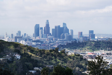 Downtown Los Angeles skyline with hillside homes foreground.