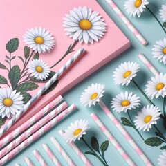 Flat lay composition with paper straws on color background generated by ai