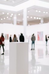A cinematic shot of an empty white gallery pedestal with a blurred out background of minimalistic art gallery with white walls, surrounded by people
