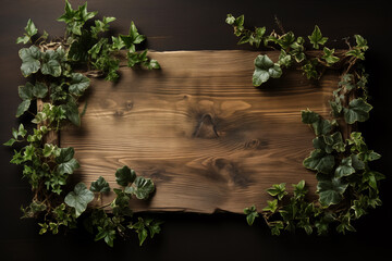 Wooden board with ivy over dark background, rustic decoration.