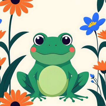 A serene digital illustration of a green frog, vibrant flowers, encapsulating the tranquility of nature. Ideal for wildlife, spring, or garden themes. generative ai
