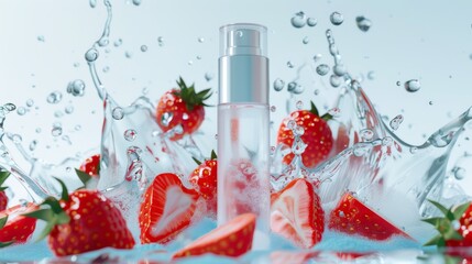 Facial cleansing foam and vitamin C serum are suitable for both men and women. Unknown product And there are sliced ​​strawberries at the bottom of the picture. The background is white and blue.