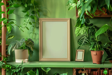 Brown mock up photo frame on the green shelf with beautiful plants. - obrazy, fototapety, plakaty