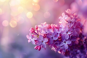 Lilac flowers spring blossom, sunny day light violet bokeh background