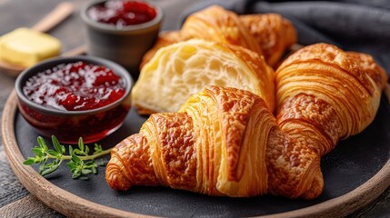 breakfast platter, showcasing the intricate textures of croissants, butter, and jam