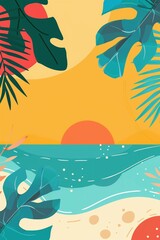 Fototapeta na wymiar Illustration von einem Strand im Sommer umrahmt mit verschiedenen Planzen 