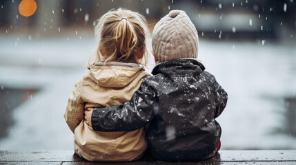 little boy and girl embracing in winter - 777275804