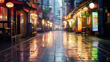 rainy wet street in Japan at night - obrazy, fototapety, plakaty