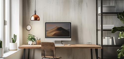 A Fanoos hanging above a sleek workstation in a minimalist home office.