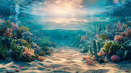 Tranquil underwater seascape, light filtering through blue ocean onto coral reef - obrazy, fototapety, plakaty