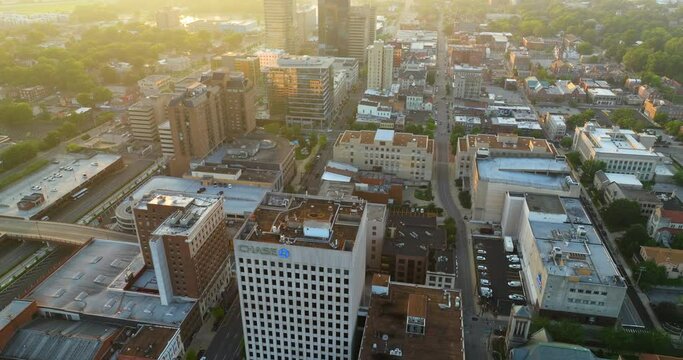 Urban landscape of downtown district of Lexington in Kentucky state, USA. American city skyline with high commercial buildings at sunset