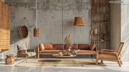 A modern living room interior with wooden furniture and concrete walls in a Scandinavian style home decor concept
