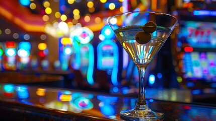 Shot taken from a cinematic vantage point depicting a martini glass with an olive over a casino table with fuzzy slot machines in the setting and space, Generative AI. - obrazy, fototapety, plakaty
