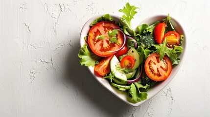 a heart-shaped salad bowl on textured white background