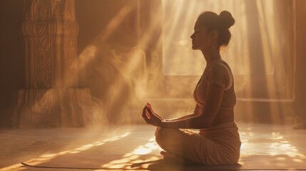 Indian woman engages in a serene yoga practice - obrazy, fototapety, plakaty